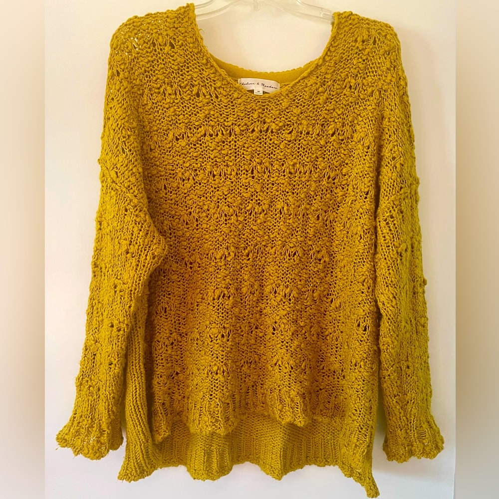 Chelsea & Theodore Mustard Yellow chartreuse  tunic Openwork tunic sweater M